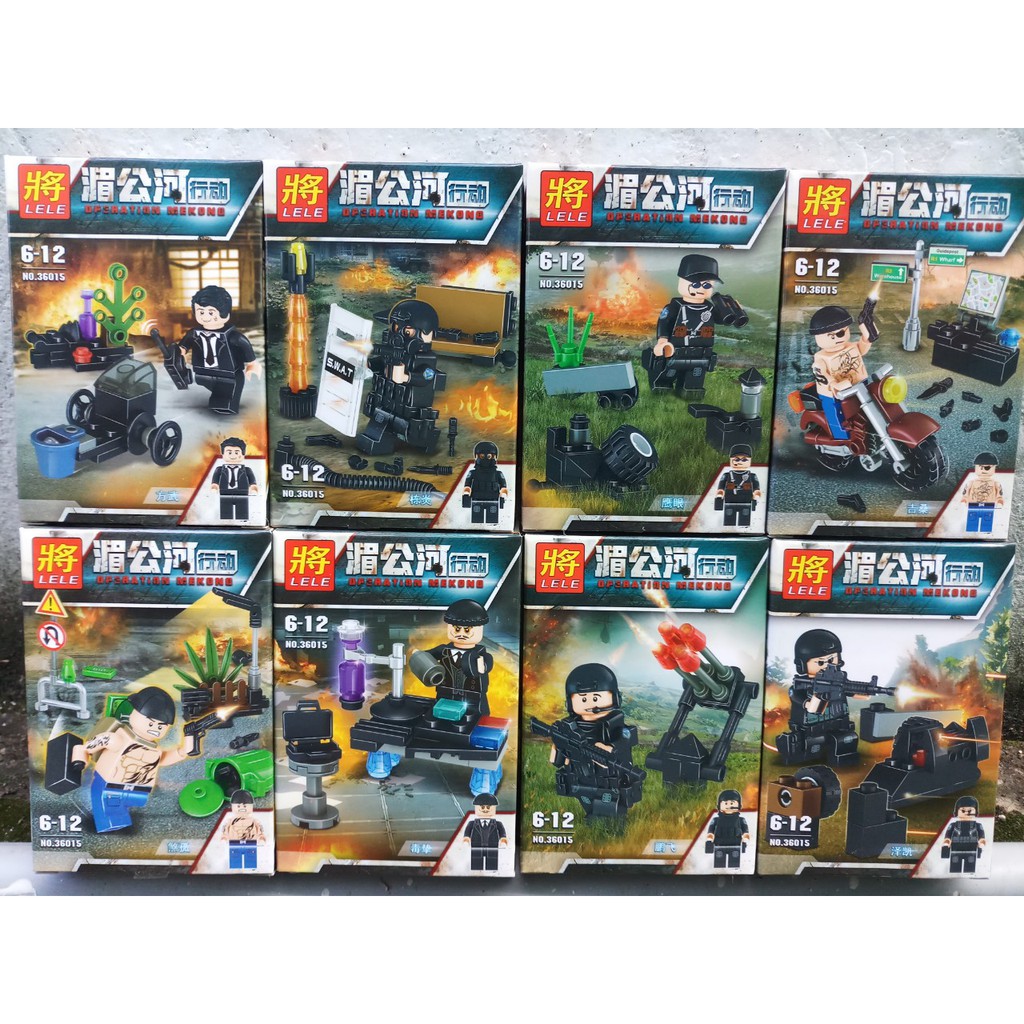 Đồ chơi lắp ráp Non lego Lele Army 36015 lính Swat đen Xếp mô hình logo đội đặc nhiệm trọn bộ 8 hộp.