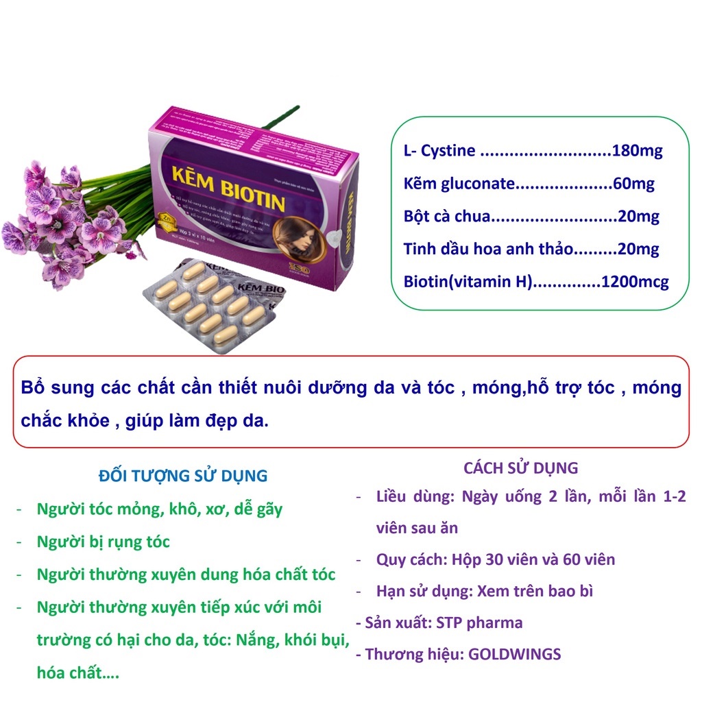 Kẽm Biotin,Viên uống bổ sung kẽm GOLDWINGS, ngăn rụng tóc, giúp tóc chắc khỏe, làm sáng da hộp 60 viên