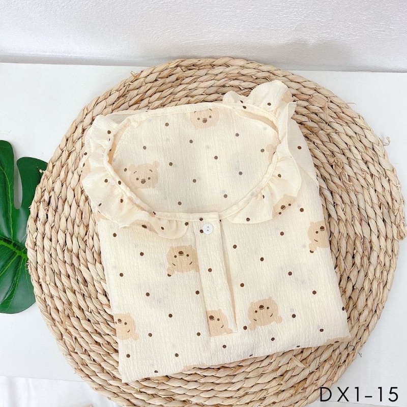 Đồ bộ nữ pijama mặc nhà vải đũi xốp viền bèo hoạ tiết dễ thương, đồ ngủ tay vải mát