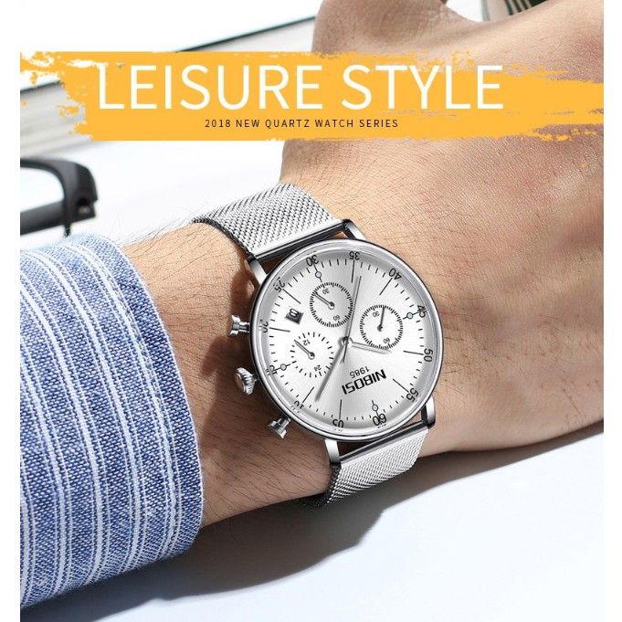 Đồng hô nam 6 kim dây lưới thép Nibosi 2331