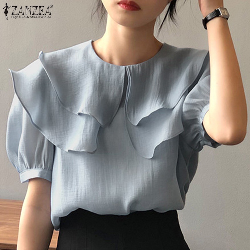 Áo sơ mi Zanzea tay ngắn dáng rộng màu trơn phong cách Hàn Quốc thời trang cho nữ