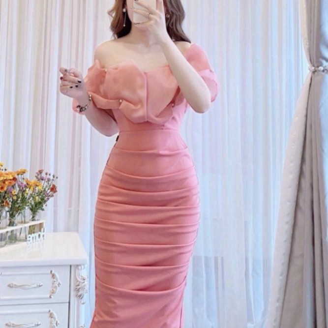 váy Body Hồng Trễ Vai DVC V1635, Váy Đầm Thiết Kế Chính Hãng 2021