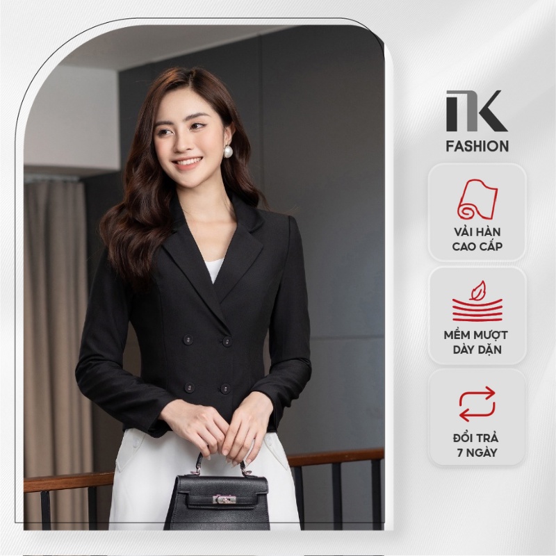 Áo Vest Công Sở Nữ NK Fashion Thiết Kế Dáng Lửng Dài Tay Kèm Cúc Bọc, Chất Liệu Nhập Hàn Cao Cấp NKFAK2109003