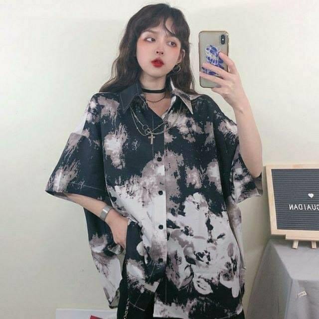 Áo sơ mi cộc tay loang 3D unisex 4 màu cá tính form rộng ulzzang