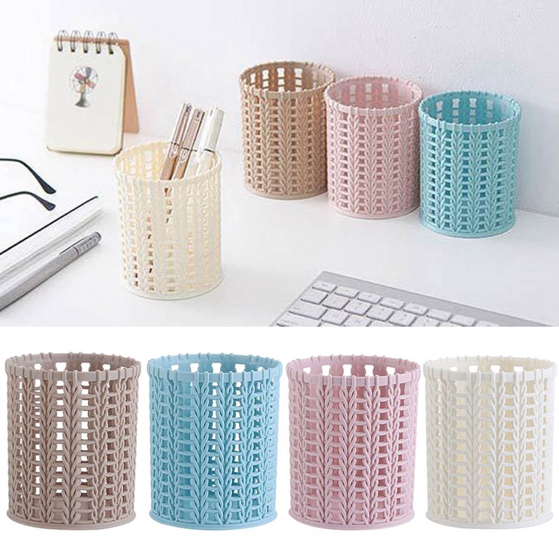 Lanfy1 Hộp đựng bút / đồ trang điểm đa năng dạng lỗ đan từ mây