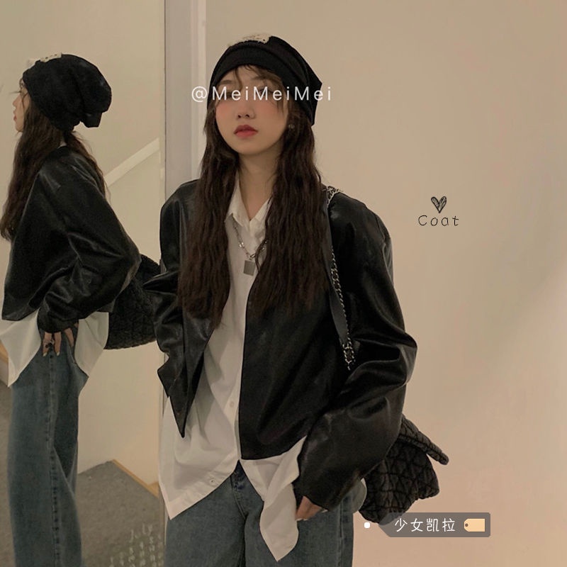 Áo Khoác Da Dáng Ngắn Rộng Cổ Chữ V Thời Trang Vintage 2022 Dành Cho Nữ