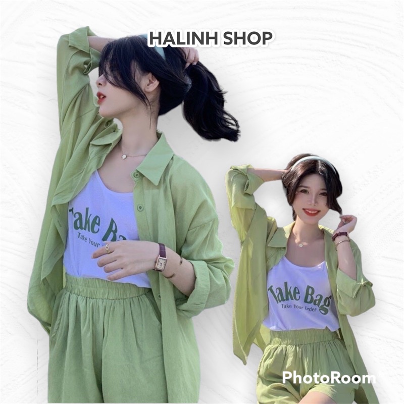 Set Áo Sơ Mi Dài Tay 3 Món - Halinh Shop - Set Bộ 3 Chi Tiết : Áo sơ mi + Quần Sooc + Áo 2 Dây Take Bag, Phom Rộng