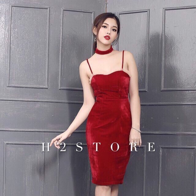 Đầm body Nhung hai dây vòng cổ cao cấp 5 màu đỏ, đen, đô, xanh lá, xanh dương