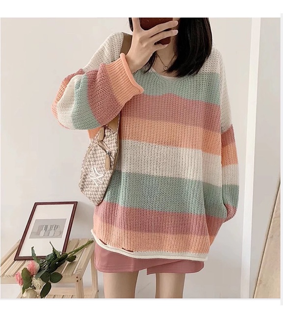 Set áo len kẻ ngang chân váy da ullzang có tách set