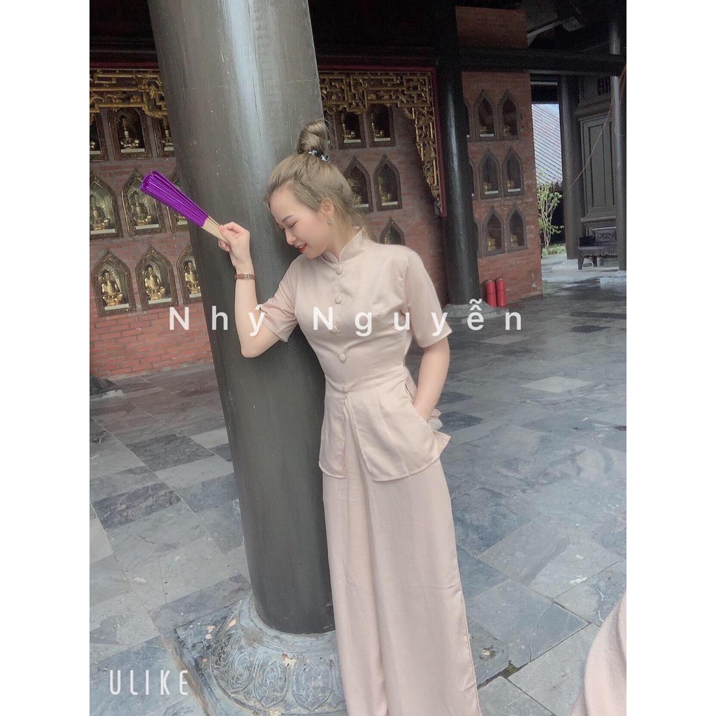 Đồ Lam Đi Chùa Mẫu Nút Bọc Có Dây Cột Eo MÀU NUDE