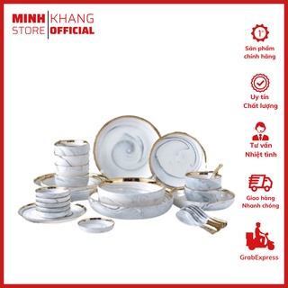 Bộ Bát Đĩa Vân Đá Cẩm Thạch Trắng Xám Cao Cấp Sang Trọng - Tặng Kèm 1 Bộ Đũa Hàn Quốc Hàng Loại 1 Sáng Bóng Đẹp