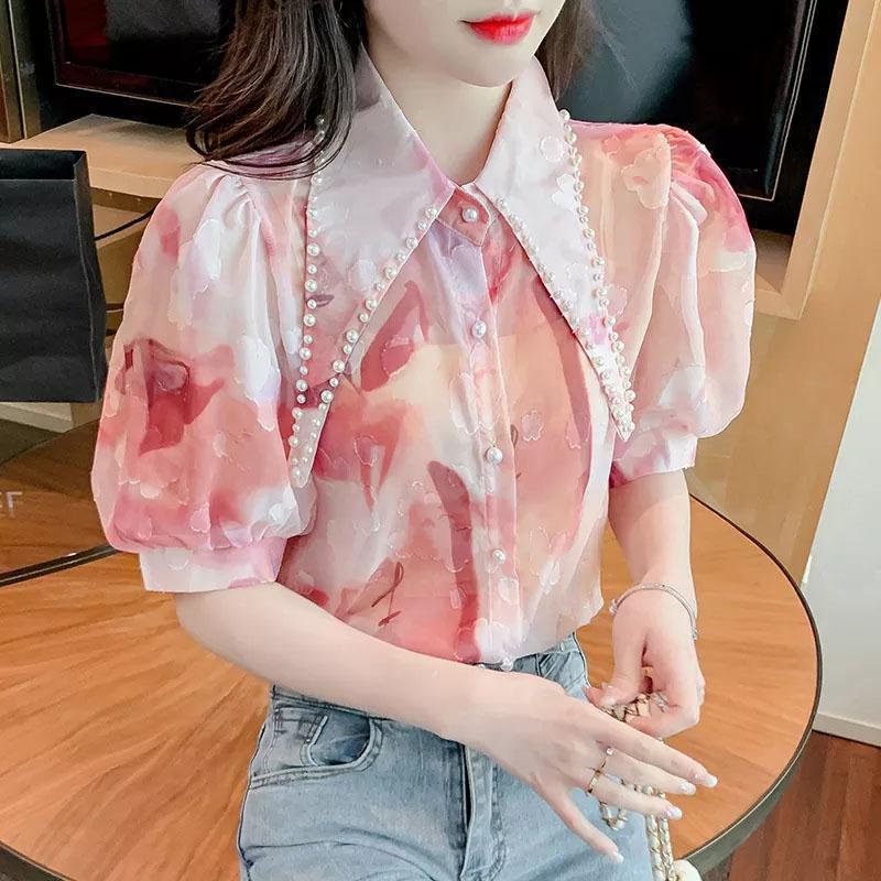 Áo Voan Tay Ngắn Phồng Đính Hạt Cổ Tròn Thời Trang Cho Nữ