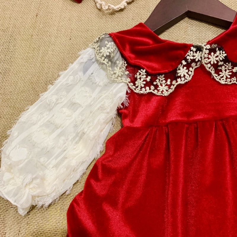 [ HOT 2021] Váy nhung đỏ phối ren mềm hàng cao cấp cho bé gái 3-18kg