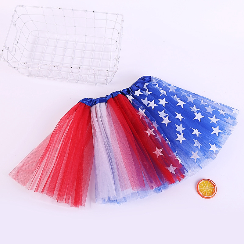 Chân váy tutu lưới 3 lớp lưng cao họa tiết ngôi sao 5 cánh kiểu lá cờ Mỹ màu trắng/đỏ/xanh dương