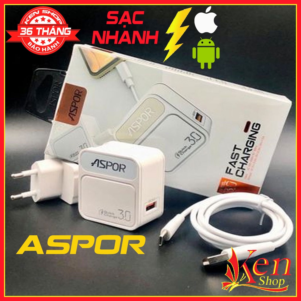 💥BH 36 Tháng💥 Củ Sạc Nhanh Chính Hãng Tự Ngắt ASPOR A828 - Quick Charge 3.0 - Dock Sạc Nhanh Cho Thiết Bị Điện Tử