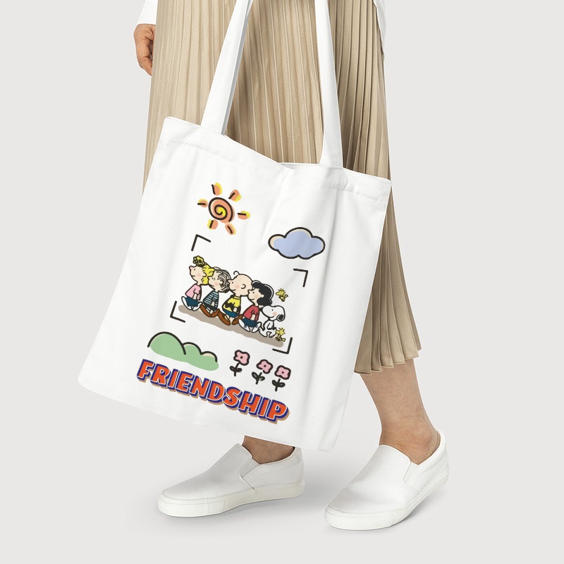 Túi Tote Vải Bố Canvas Hình Snoopy Có Khóa Dây Kéo Miệng Túi đựng sách vợ, tài liệu A4