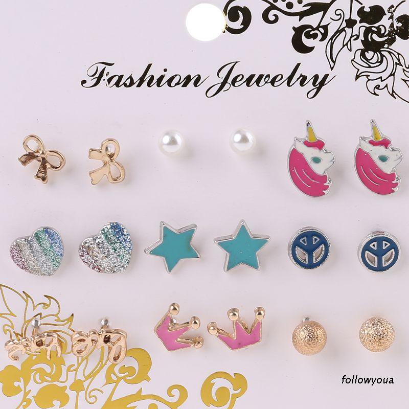 Set 9 Đôi Khuyên Tai Hình Nơ / Kỳ Lân Dễ Thương Cho Bé Gái