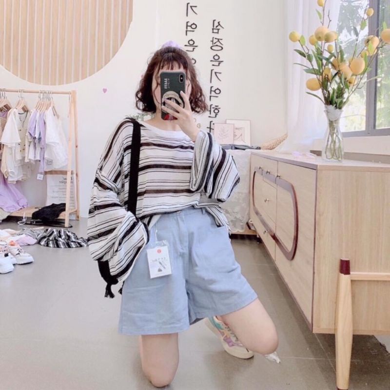 Áo Thu Kẻ Ngang Dài Tay Form Rộng Ulzzang