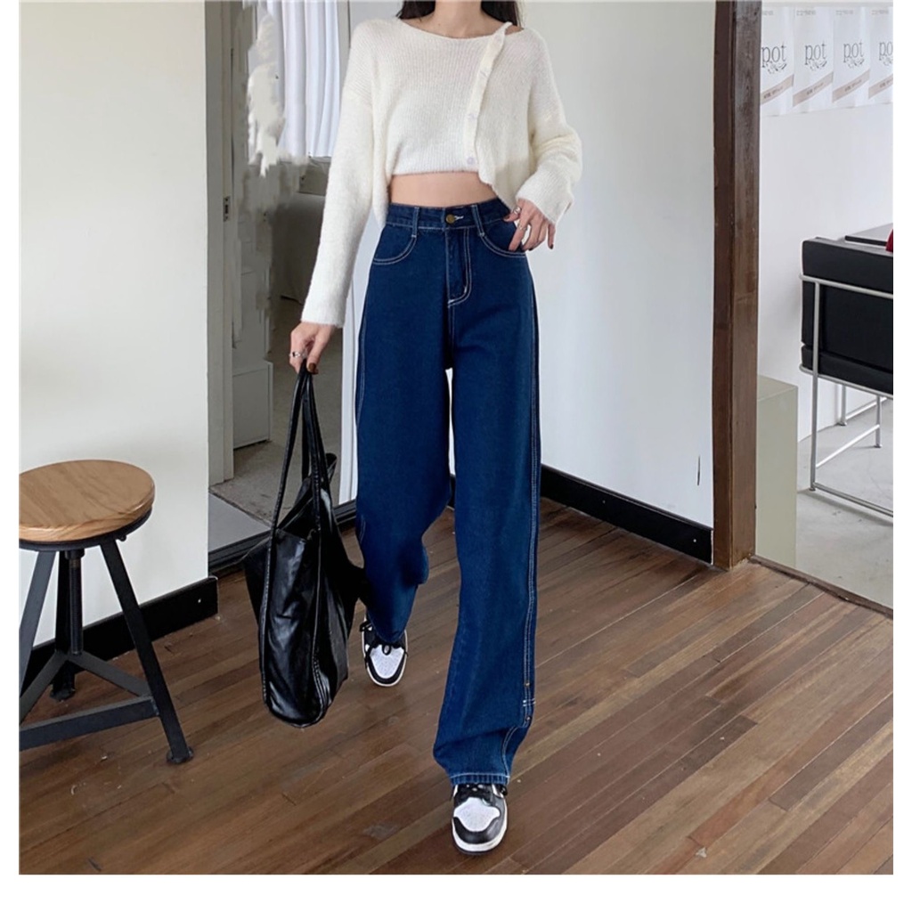 Quần jeans dài cạp cao ống rộng, quần jean nữ phong cách_j25
