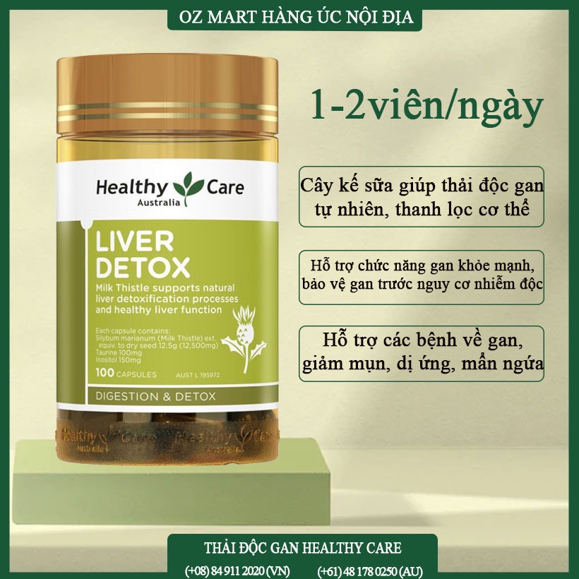 Viên uống Giải Độc Gan Healthy Care Liver Detox Oz Mart Hàng Úc Nội Địa thải độc thanh lọc gan 100 Viên