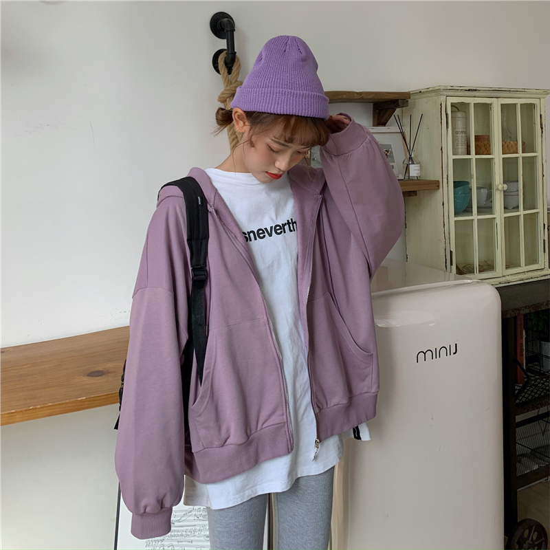 Áo hoodie màu trơn phối khóa kéo phong cách cá tính cho nữ