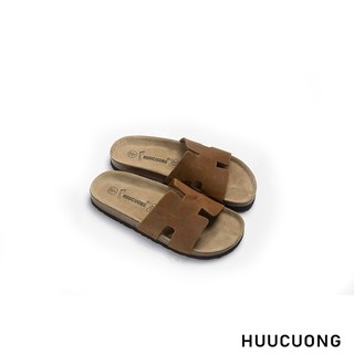 Dép unisex Chữ H Quai Da Thật Màu Nâu Đế Trấu Handmade