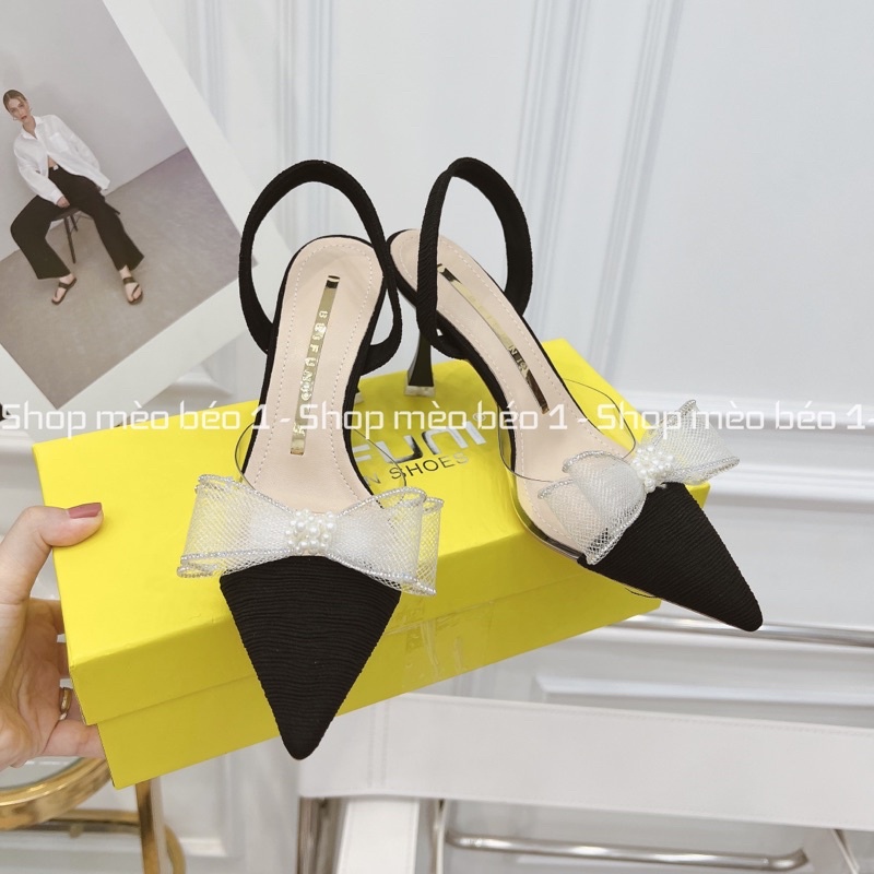 Sandal cao gót mũi nhọn nơ ngọc gót nhọn fullbox hàng quảng châu cao cấp