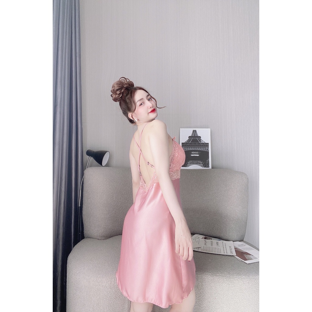 Đầm ngủ sexy hai dây phối ren có mút ngực lụa satin cao cấp gợi cảm mềm mại AN58 - D'Lavia | BigBuy360 - bigbuy360.vn