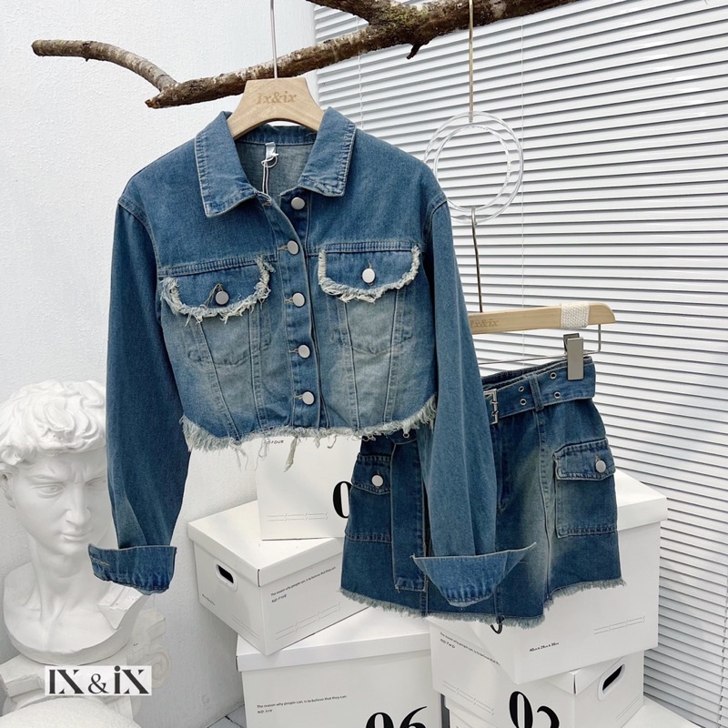 Set áo khoác jean + chân váy kèm đai hàng QCL1