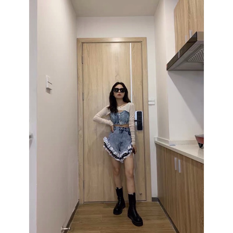 Set Rose Blackpink cao cấp - Áo croptop bò 2 dây và quần short bò denim cách điệu Ulzzang siêu chất ❤️