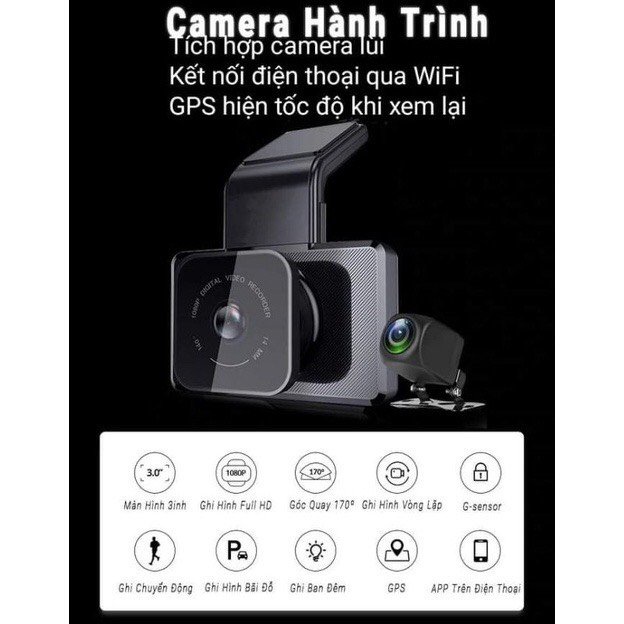 Camera hành trình K10, màn hình nhỏ gọn 3.0 inch Full HD siêu nét, Xem qua điện thoại, Chống Rung tự động