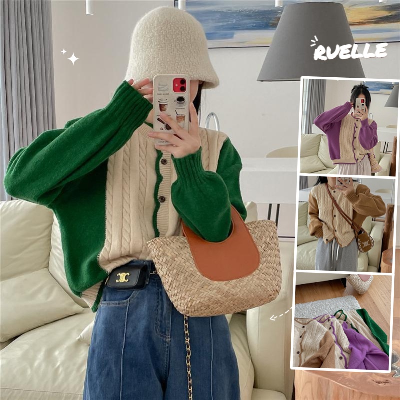 Áo Khoác Cardigan Dệt Kim Màu Sắc Tương Phản Phong Cách Vintage Cho Nữ