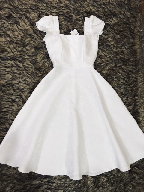 Váy xoè gấm trắng cổ vuông V758 - DVC thời trang thiết kế cao cấp (kèm ảnh sàn do shop tự chụp)