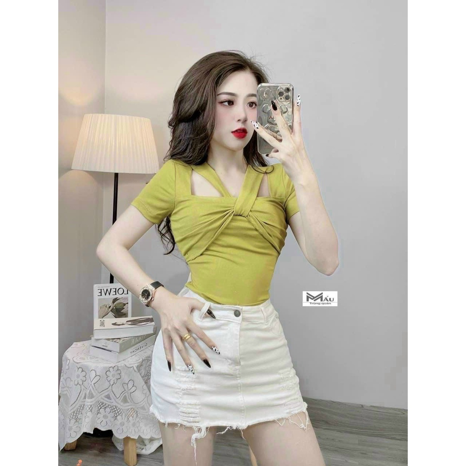 Áo kiểu tay ngắn 2 dây chéo tam giác ngực xinh xinh , chất thun bozip mềm mịn ly