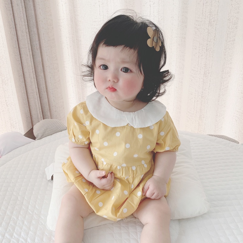 Bộ Áo Liền Quần Chấm Bi Màu Vàng Cho Bé Gái