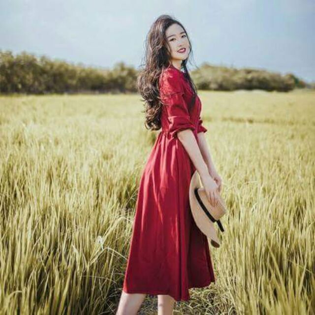 Đầm maxi cổ V đính nút mặc được 2 kiểu tay ngắn dài | BigBuy360 - bigbuy360.vn