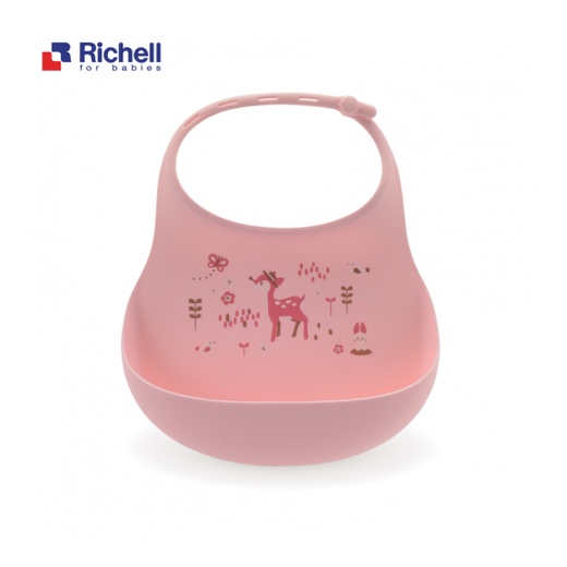 Yếm ăn dặm silicone Richell mềm mại, hai màu xanh, hồng, có máng hứng thức ăn RC20265