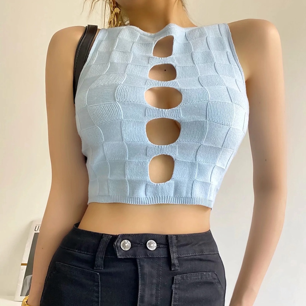 Áo Croptop Dệt Kim Sát Nách Màu Trơn Khoét Rỗng Màu Sắc Đơn Giản Cho Nữ