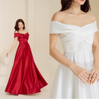 Đầm maxi trắng trễ vai đắp chéo sang trọng