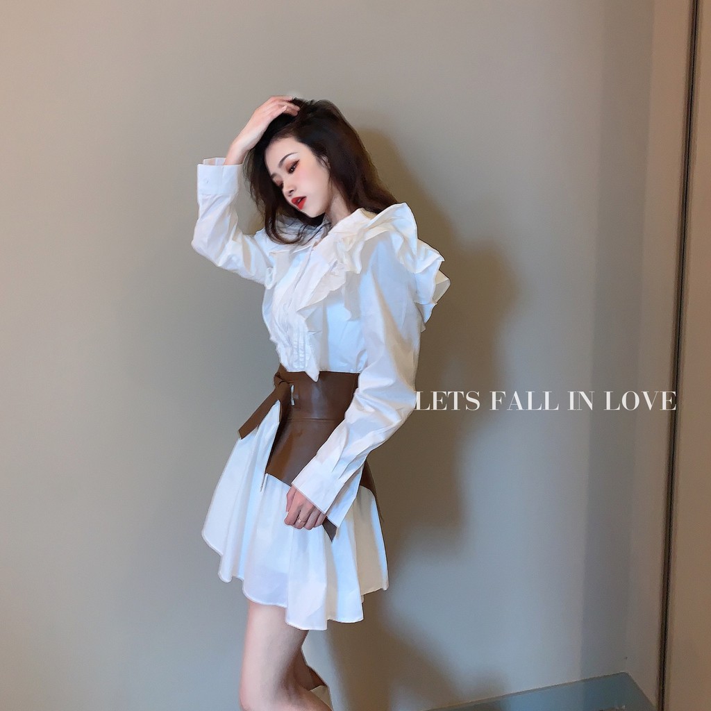 [HÀNG CÓ SẴN] Có ảnh thật. Váy sơ mi cánh tiên mix đai váy nâu cổ điển, váy bèo nhún phối đai váy bản to | BigBuy360 - bigbuy360.vn