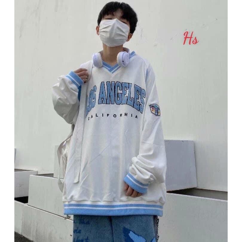 Áo sweater nỉ tay bồng viền cổ V unnisex chữ Los Angeles_Áo nỉ bông nam nữ basic, cá tính, hottend