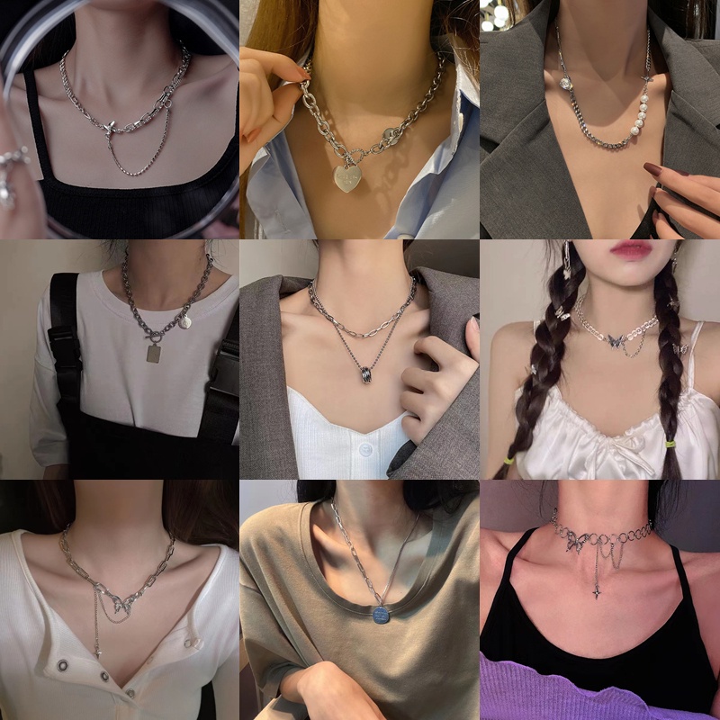 Thời trang nữ vòng cổ bằng thép titan Phiên bản Hàn Quốc Retro Ngọt ngào mát mẻ Hip Hop Bướm tình yêu Mặt dây chuyền vòng cổ