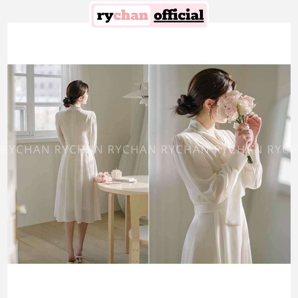 Đầm Nữ Phong Cách Tiểu Thư Tay Dài Cổ Thắt Nơ Dáng Dài Màu Trắng Cực Đẹp - DX9828
