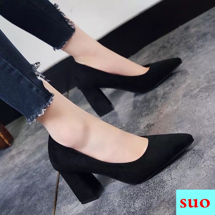 Giày Cao Gót 3Cm 5Cm Chất Liệu Da Lộn Màu Đen Thời Trang Công Sở Cho Nữ