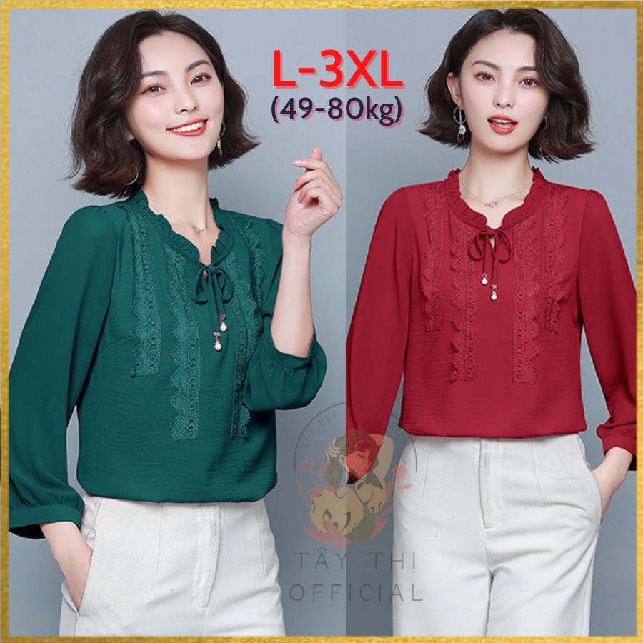 Áo Kiểu Trung Niên MT569, Kiểu Áo Sơ Mi Trung Niên Nữ Cổ Bèo Thắt Nơ Đẹp Trang Nhã | Thời Trang Trung Niên U40
