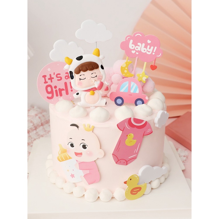 Set que cắm em bé ôm bình sữa hồng baby_Phụ kiện trang trí bánh
