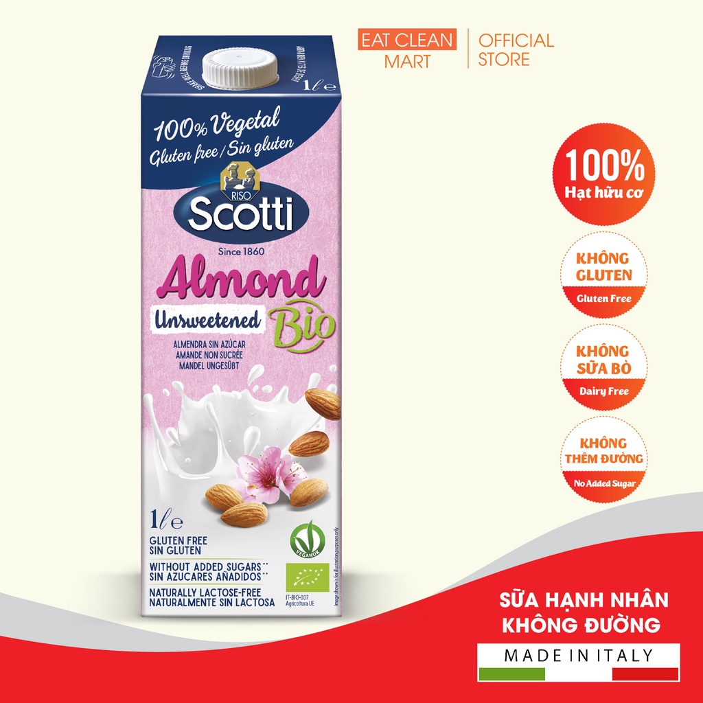 Sữa Hạt Hạnh Nhân Hữu Cơ Không Đường Riso Scotti - BIO Unsweetened Almond Drink - Hộp 1L