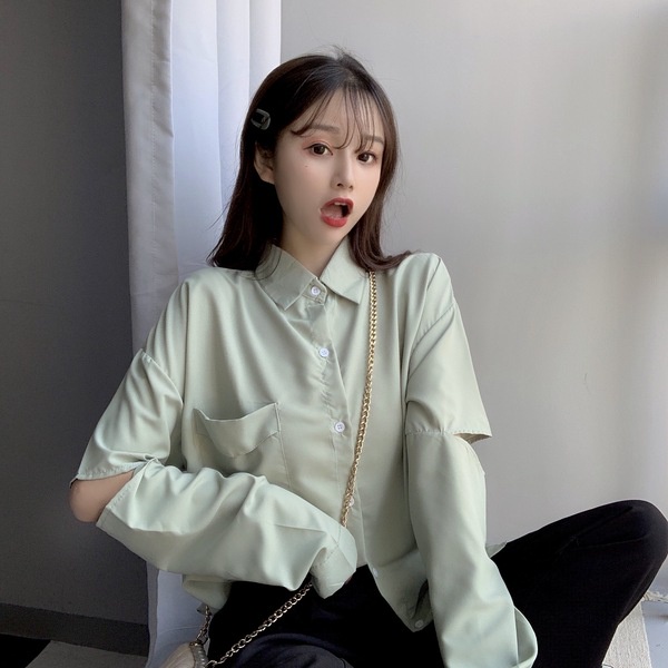 SUXI Áo Sơ Mi Tay Dài Dáng Rộng Màu Sắc Đơn Giản Thời Trang Mùa Hè Xinh Xắn Cho Nữ