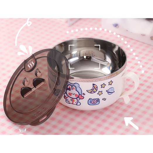 Bát úp mỳ tôm có giá đỡ điện thoại BUM3 tô úp mì ăn cơm dán sticker thỏ phi hành gia ngộ nghĩnh cách nhiệt chống nóng
