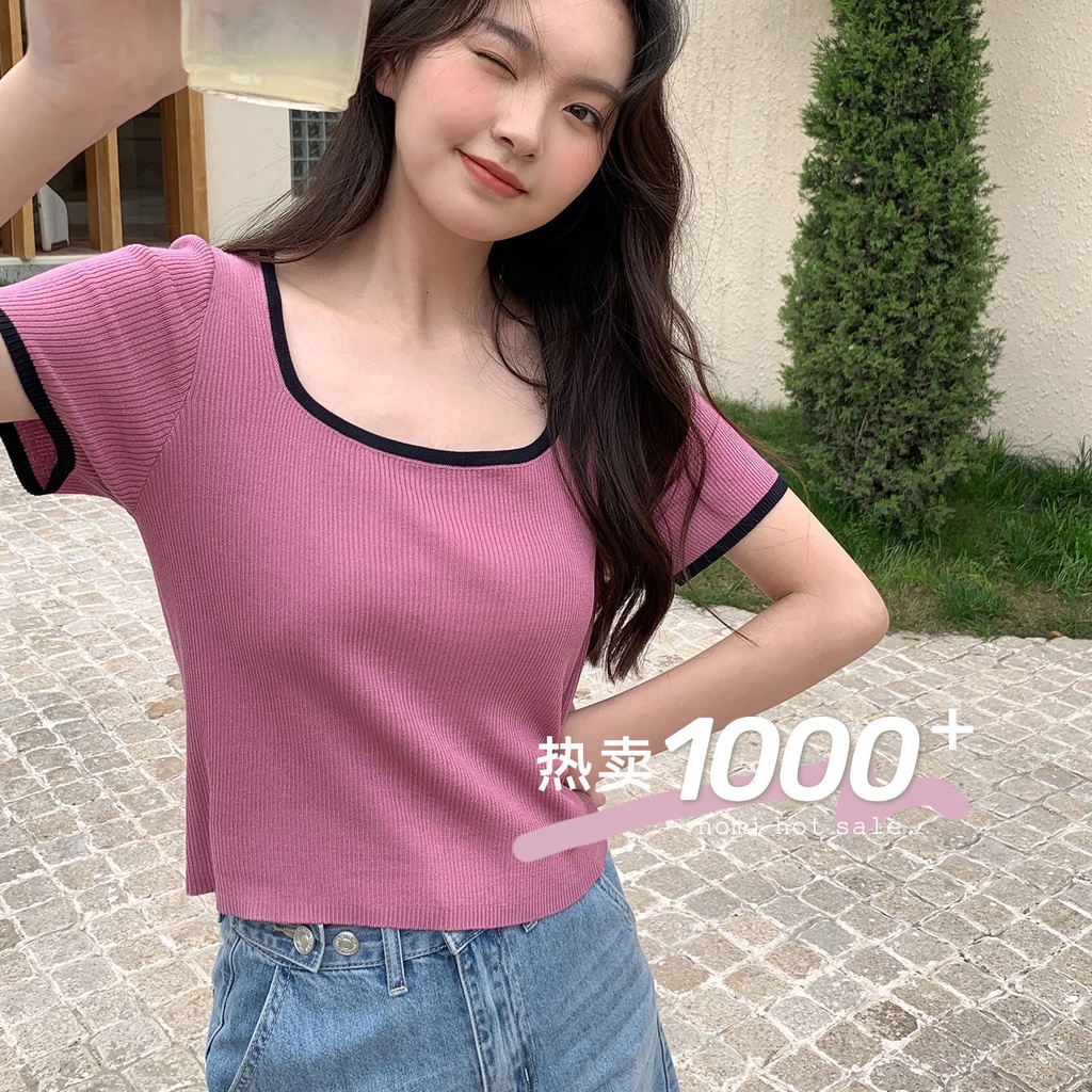 Áo thun BH dệt kim tay ngắn màu sắc mùa hè phong cách Nhật Bản dành cho nữ
